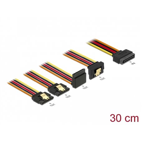 Delock Cable SATA 15 pin power plug with latching function > SATA 15 pin power receptacle 2 x straight / 1 x down / 1 x up 30 cm