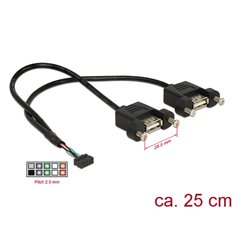 Delock Cable USB 2.0 pin header female 2.00 mm 10 pin > 2 x USB 2.0 Type-A female panel-mount 25 cm