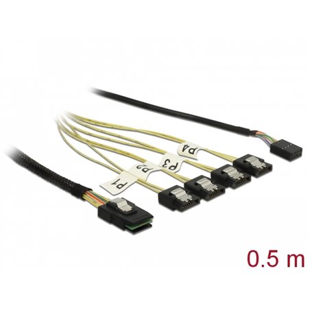 Delock Cable Mini SAS SFF-8087 > 4 x SATA 7 pin + Sideband 0.5 m metal