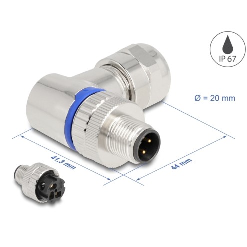 Delock M12 Connector A-coded 3 pin male for mounting with screw connection 90° angled metal