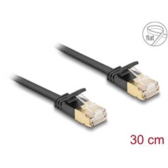 Delock RJ45 Network Cable Cat.6A plug to plug with robust latch and Cat.7 raw flat cable U/FTP 0.3 m black