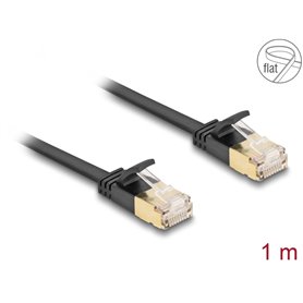 Delock RJ45 Network Cable Cat.6A plug to plug with robust latch and Cat.7 raw flat cable U/FTP 1 m black