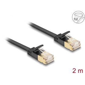 Delock RJ45 Network Cable Cat.6A plug to plug with robust latch and Cat.7 raw flat cable U/FTP 2 m black